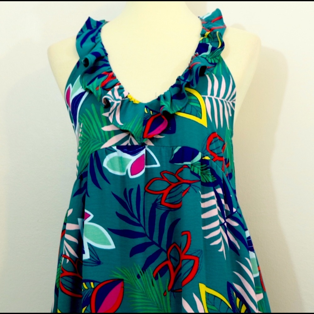 Gibson Look Teal Printed Jersey Keyhole Ruffle Maxi Dress